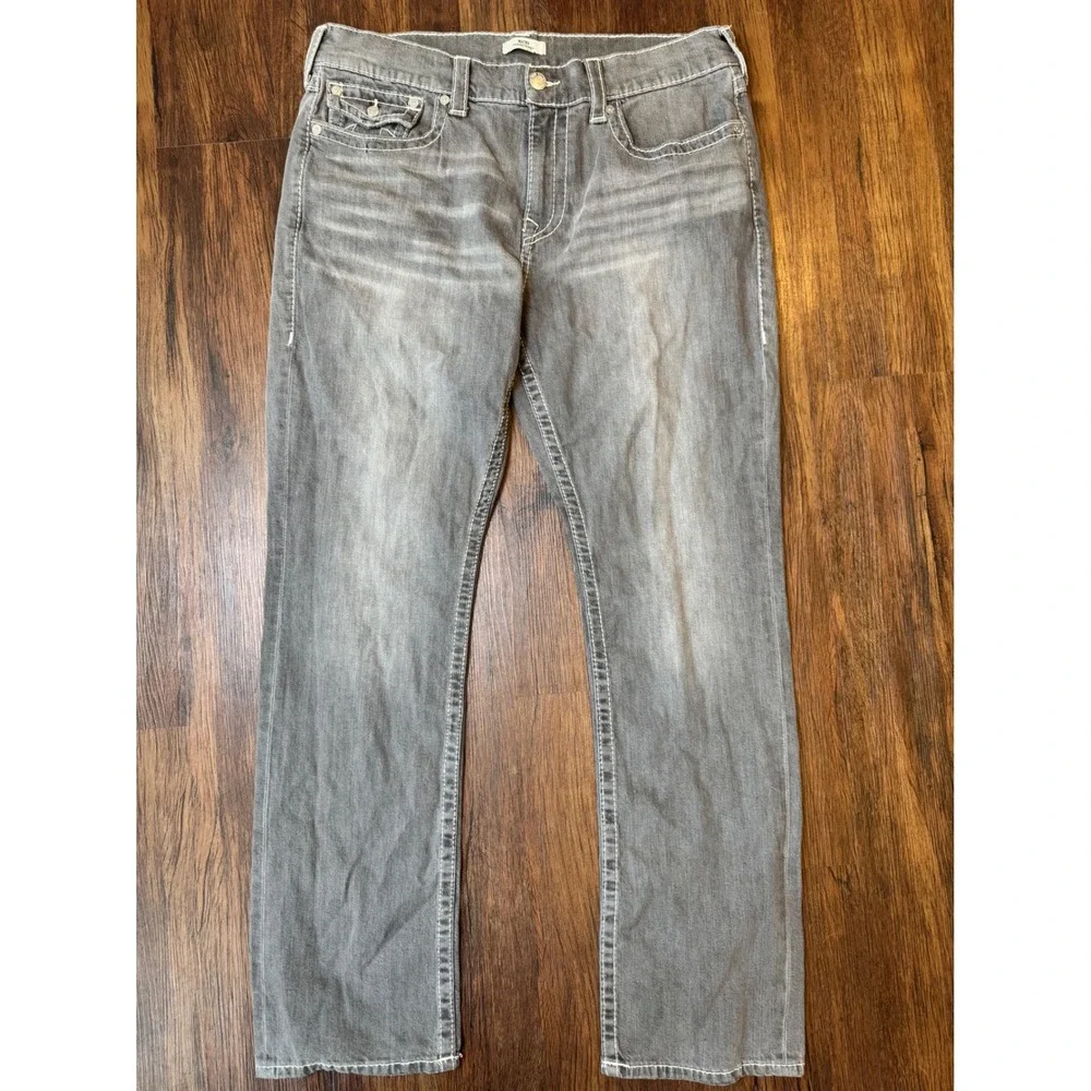 Y2K True Religion Ricky Relaxed Straight Gray Jeans White Contrast Stitch Sz 36